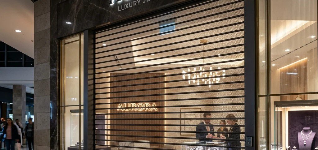 Porta transvision microperfurada em vitrine de loja